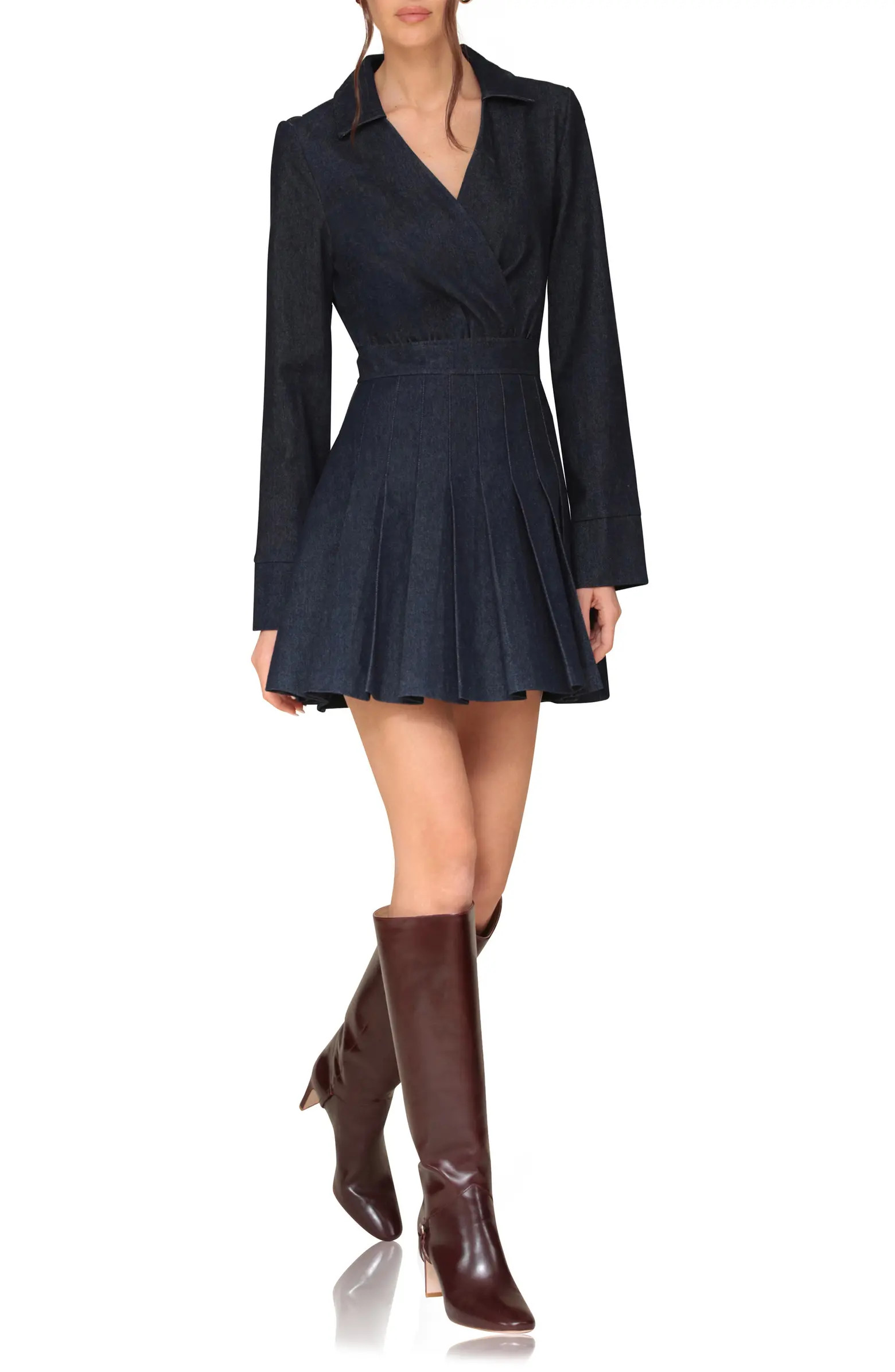 Pleated Long Sleeve Denim Minidress | Nordstrom
