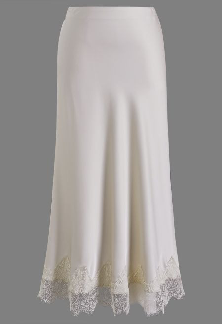 Silky Scalloped Lace Trim Satin Maxi Skirt in Ivory for Office Styling & Weekend Outings | Chicwish