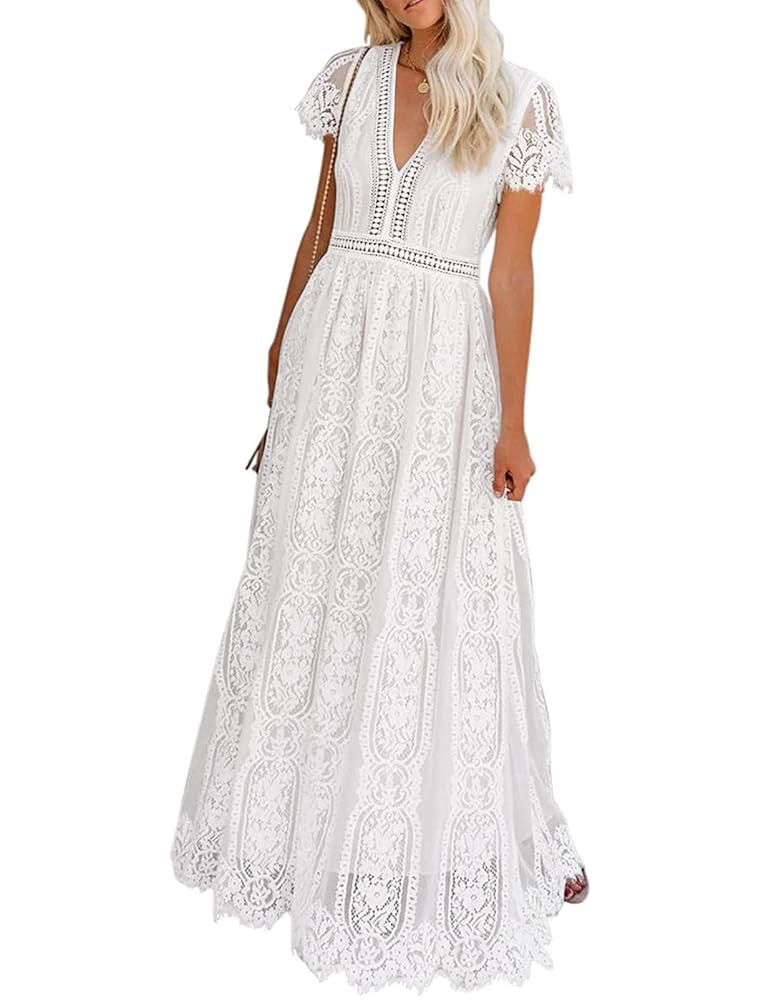MEROKEETY Women's V Neck Short Sleeve Floral Lace Wedding Dress Bridesmaid Cocktail Party Maxi Dr... | Amazon (US)
