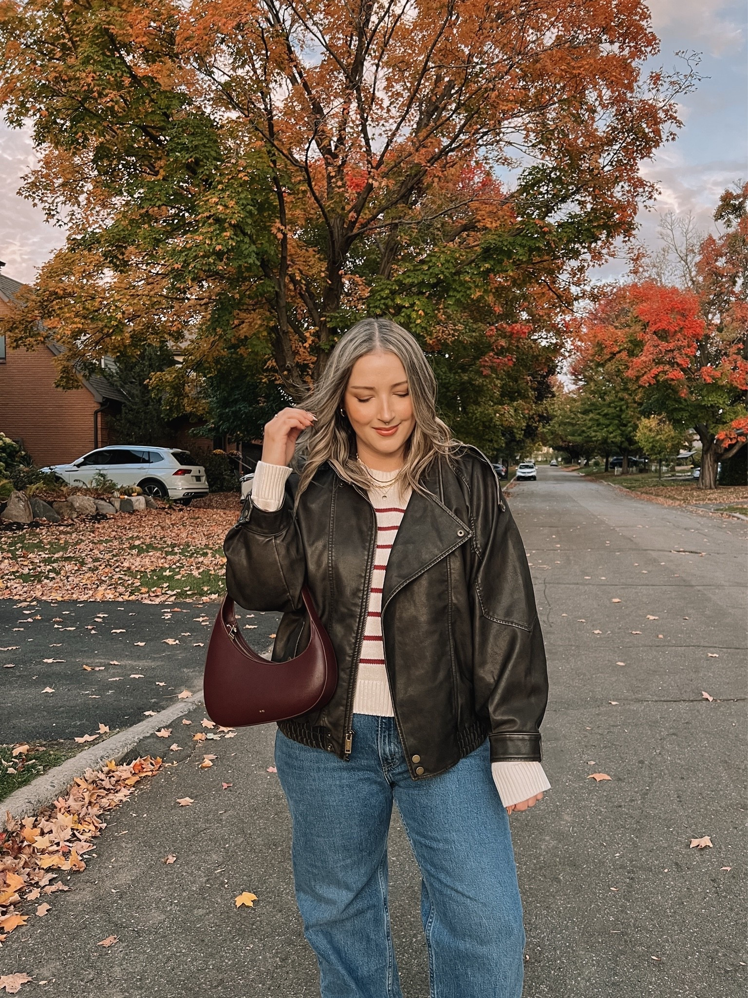 My fave leather jacket from last year is back & part of the Abercrombie sale! Wearing L. Jeans are my all time fave style! Wearing 32 here, but I wear 30 now. Striped sweater is old from Gap, linked similar

#LTKfall #LTKsale #LTKmidsize