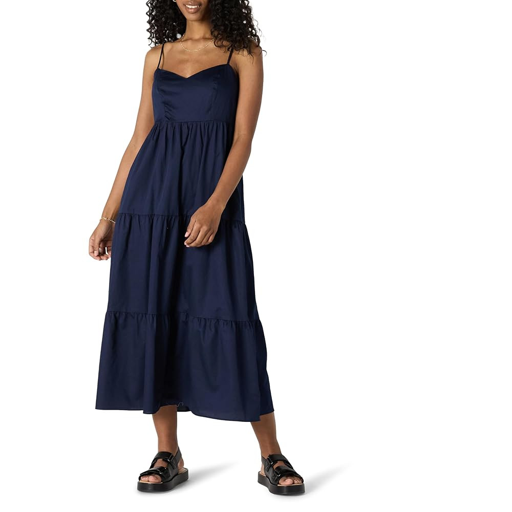 Amazon Essentials Women's Fit and Flare Empire Waisted Cotton Sateen Tiered Maxi Dress | Amazon (US)