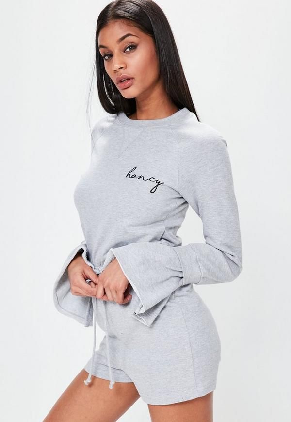 Grey Honey Embroidered Flare Sleeve Loopback Romper | Missguided (US & CA)
