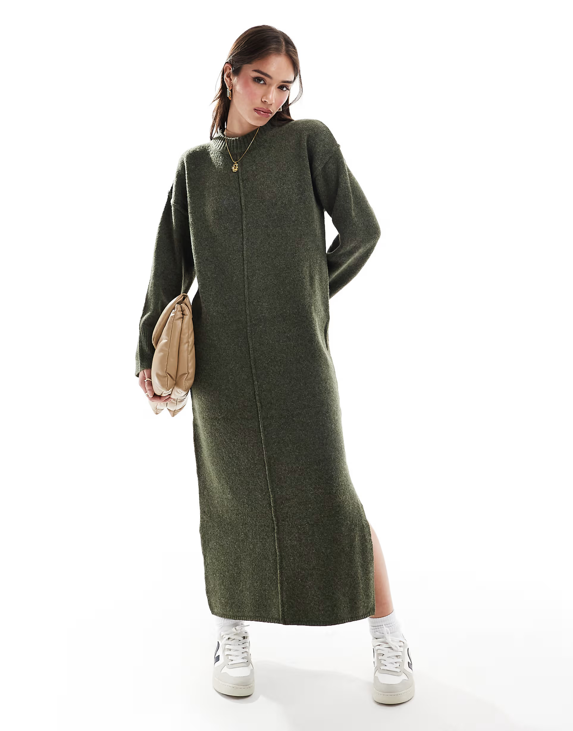 ASOS DESIGN seam front knit midaxi dress in khaki | ASOS (Global)