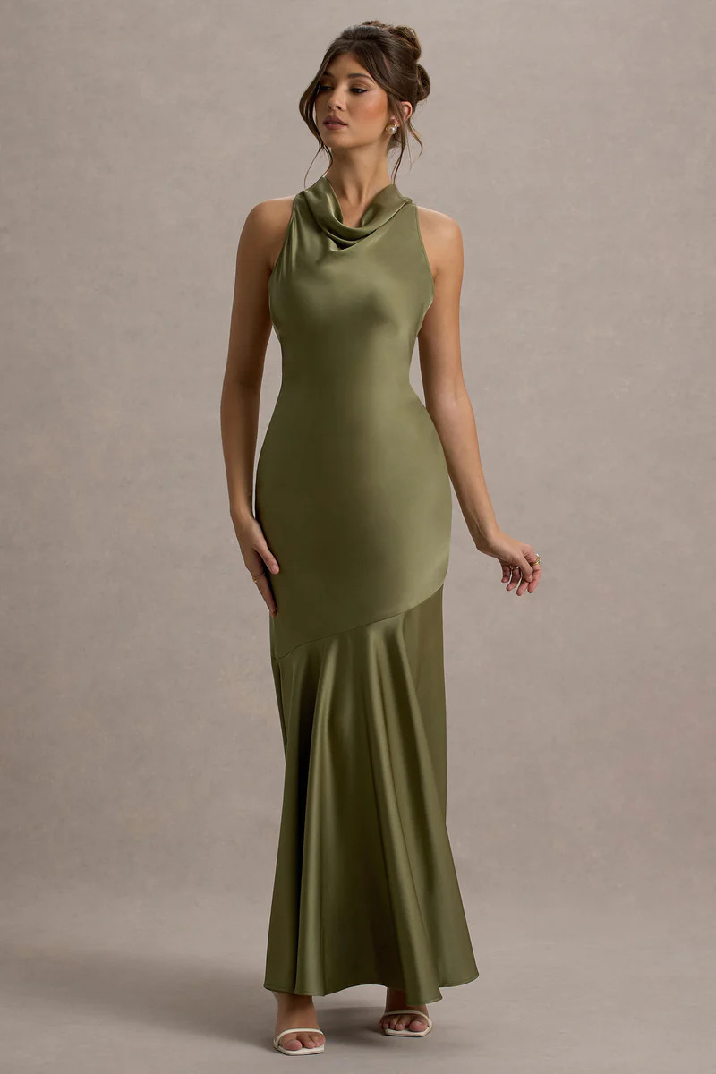 Amelita | Khaki Satin Cowl-Neck Maxi Dress | Club L London