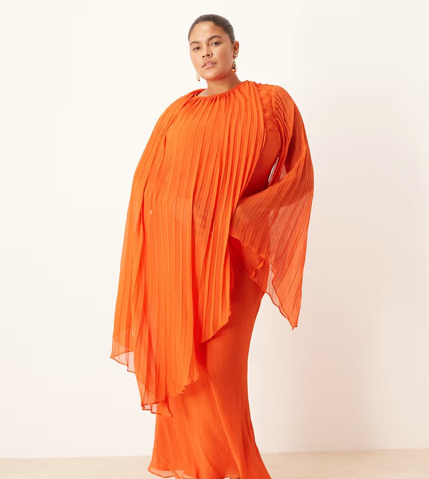 ASOS DESIGN Curve – Maxikleid in Orange mit auffällig plissierten Ärmeln und Schrägschnitt | ASOS (Global)