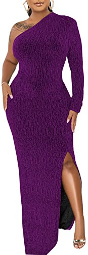 Women's Formal Evening Gowns Elegant Sparkly One Shoulder Maxi Dresses Sexy Long Sleeve High Split Party Long Dress,868 Purple_Small | Amazon (US)