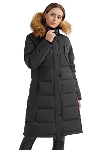 Orolay Women's Down Jacket Winter Long Coat Windproof Puffer Jacket with Fur Hood Pirate Black L | Amazon (US)