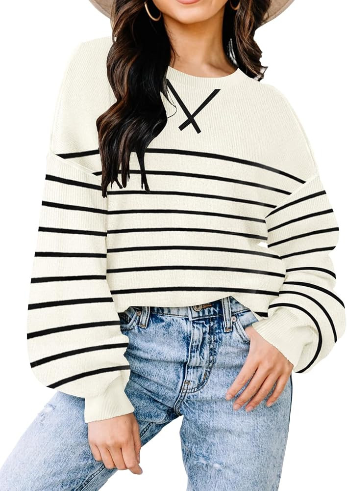 Womens Sweaters 2024 Fall Clothes Oversized Long Sleeve Striped Shirts Lightweight Color Block Kn... | Amazon (US)
