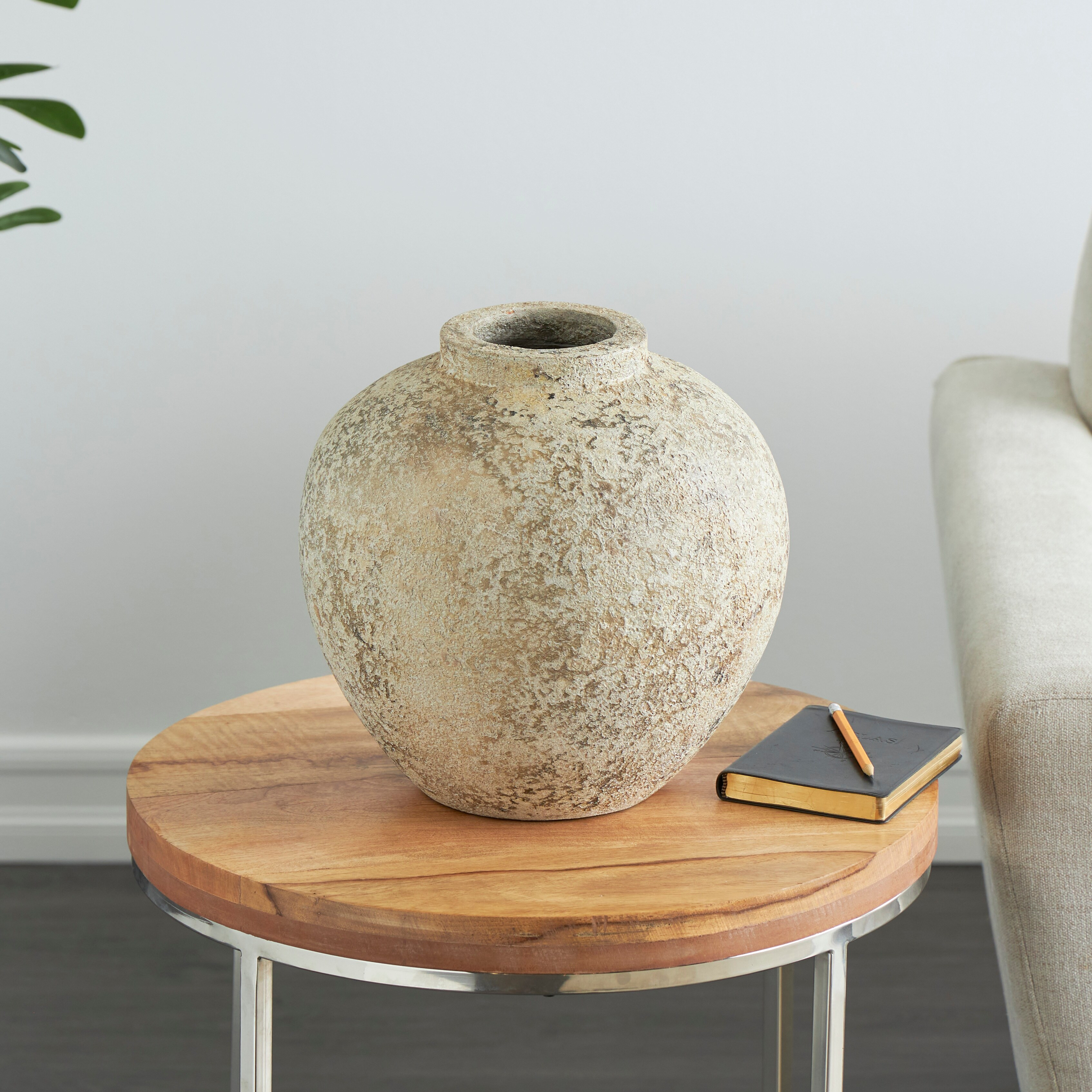 Cream Ceramic Handmade Antique Style Round Decorative Vase with Textured Distressing | Bed Bath & Beyond