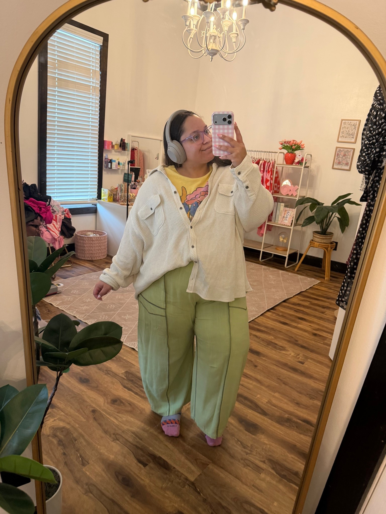 Casual colorful work from home outfit 
Old graphic tee from Urban Outfitters 
Amazon Pants XXL
Old Aerie Waffle knit button up XL

#LTKdayinmylife #LTKgrwm #LTKootd