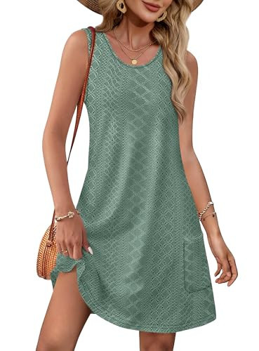 OFEEFAN Casual Sundresses for Women Bathing Suit Swing Summer Outfits Beach Dress Green M | Amazon (US)