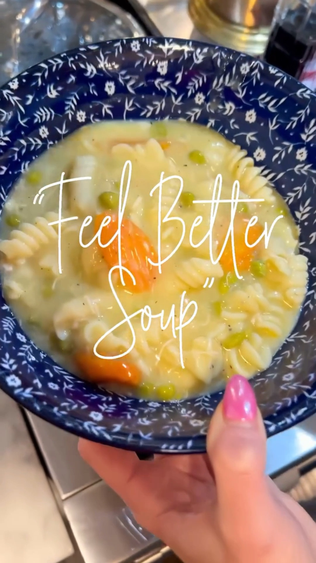 Feel Better Soup
32 oz. chicken broth 
1 Pioneer black pepper gravy mix 
1 cup heavy whipping cream 
1 11 oz. can cream of chicken soup 
1 11 oz. can cheese soup 
2 tbsp salt 
1 tbsp pepper
3 cups water 
Add & mix above ingredients well in stock pot on the stove until boiling. Then add in:
3-4 cups shredded chicken breast (I use a rostesserie chicken) 
2 cups frozen carrots 
2 cups frozen green peas
3 cups rotini noodles 
 
Continue to boil 8-10 minutes once all ingredients are added in. Turn to a low simmer and cover for 30 minutes.

We like to serve it with fresh shredded cheese on top. Add Tabasco hot sauce for a kick. 🌶️ Great to reheat and eat for days ahead. Enjoy ~XXAP

#LTKfoodie #LTKHome #LTKmomlife