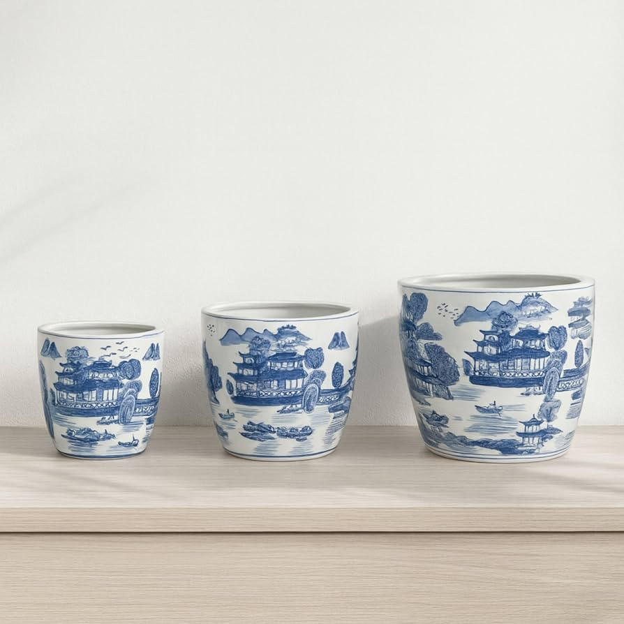 Set of 3 Stoneware Decorative Planter Pots with Drainage \u2013 Chinoiserie Style, Decorative Out... | Amazon (US)