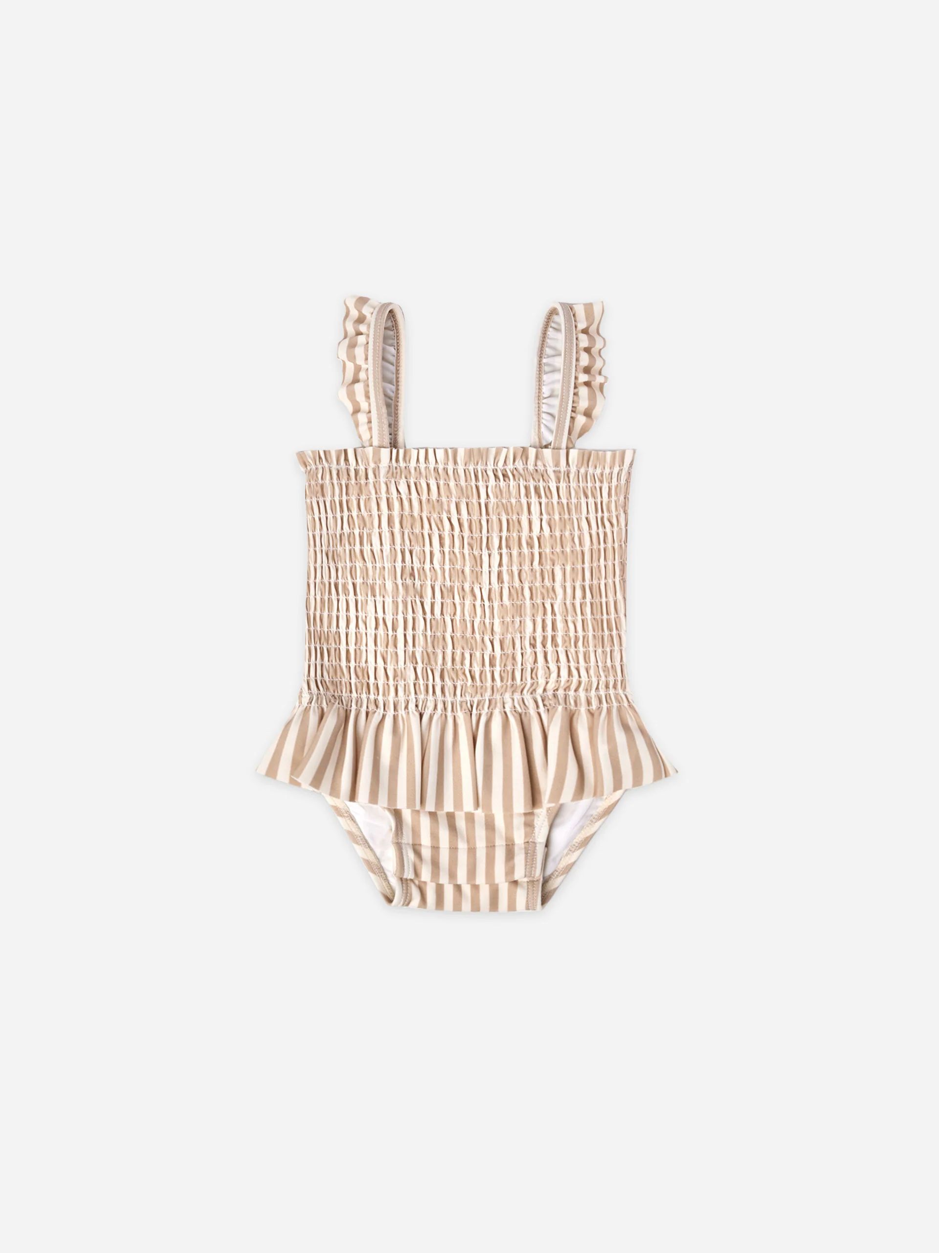 smocked one piece swimsuit | latte stripe | Quincy Mae