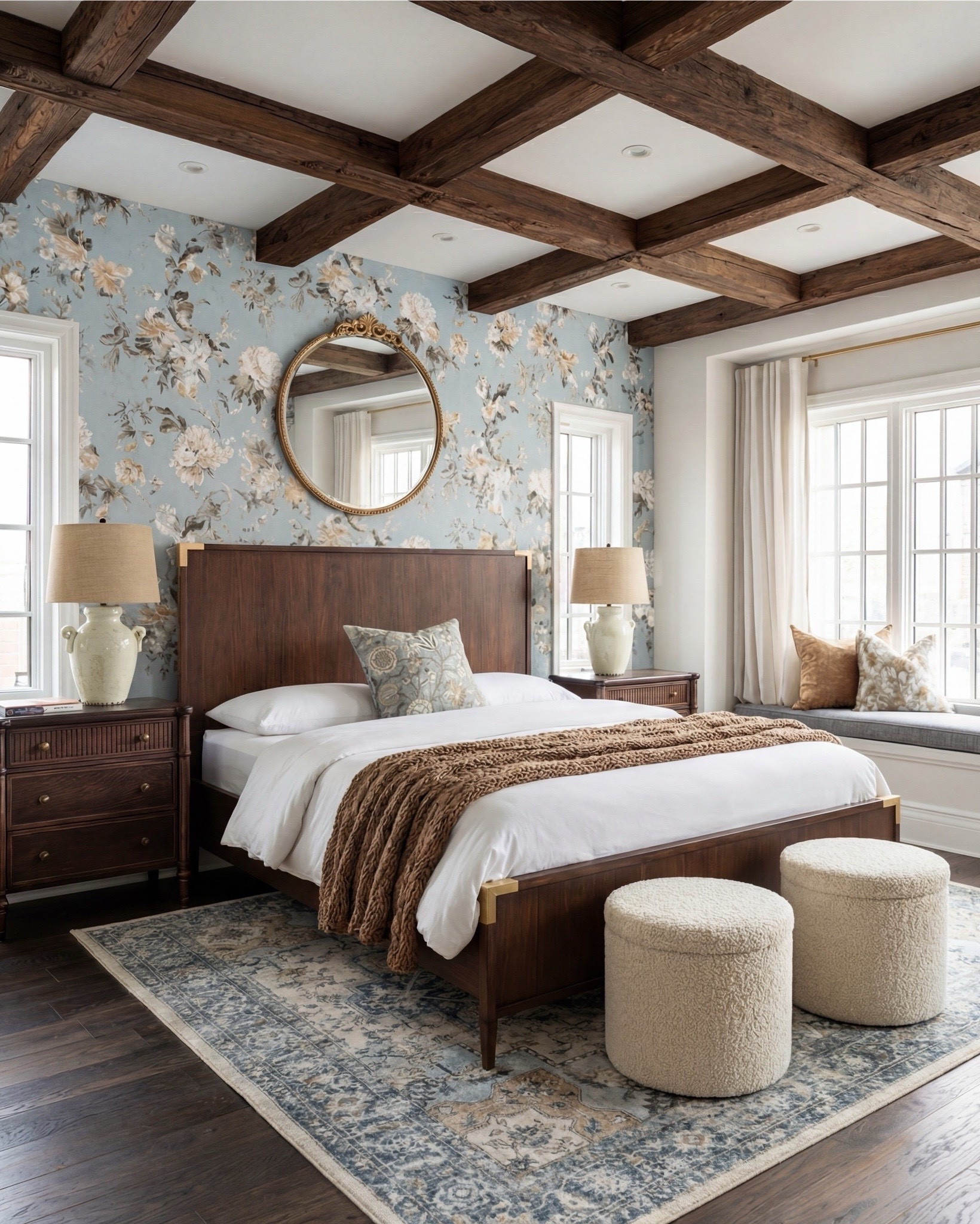 Bedroom Refresh : Shop The Look.
This bedroom is giving soft serenity with a touch of old-world charm. The blue floral wallpaper instantly sets a calming tone, bringing in that fresh, airy feeling while still feeling warm and romantic. The dark wood bed adds richness and depth, and the brass accents give it that quiet luxury moment.

The chunky knit throw brings all the coziness, and the bouclé stools at the foot of the bed add just the right amount of texture. And can we talk about the ceiling? Those exposed beams make the entire room feel architectural, grounded, and so intentional.

The window seat is the sweetest finishing touch — layered pillows, soft drapery, and the perfect nook for slow mornings. Every detail feels thoughtful, calm, and beautifully timeless.

Shop the Look:
• Blue floral wallpaper
• Dark wood bed with brass accents
• Cream bouclé round stools
• Chunky knit camel throw
• Neutral patterned area rug
• Light wood + ceramic table lamps
• Brass round wall mirror
• Window seat pillows in warm neutrals

#LTKhome #LTKsale #LTKstyletip