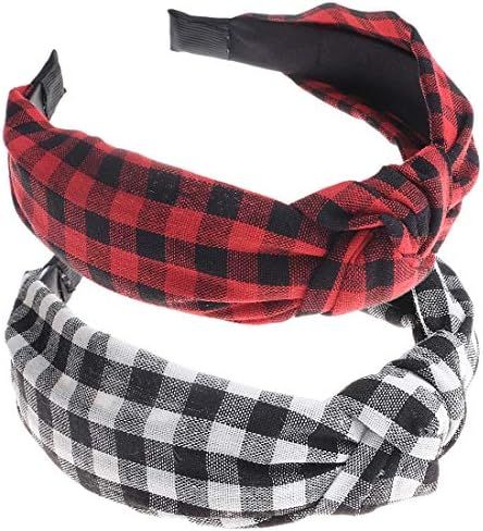 2 Pack of Womens Vintage Plaid Headbands Headwraps Hair Band Buffalo Plaid Black and Red | Amazon (US)