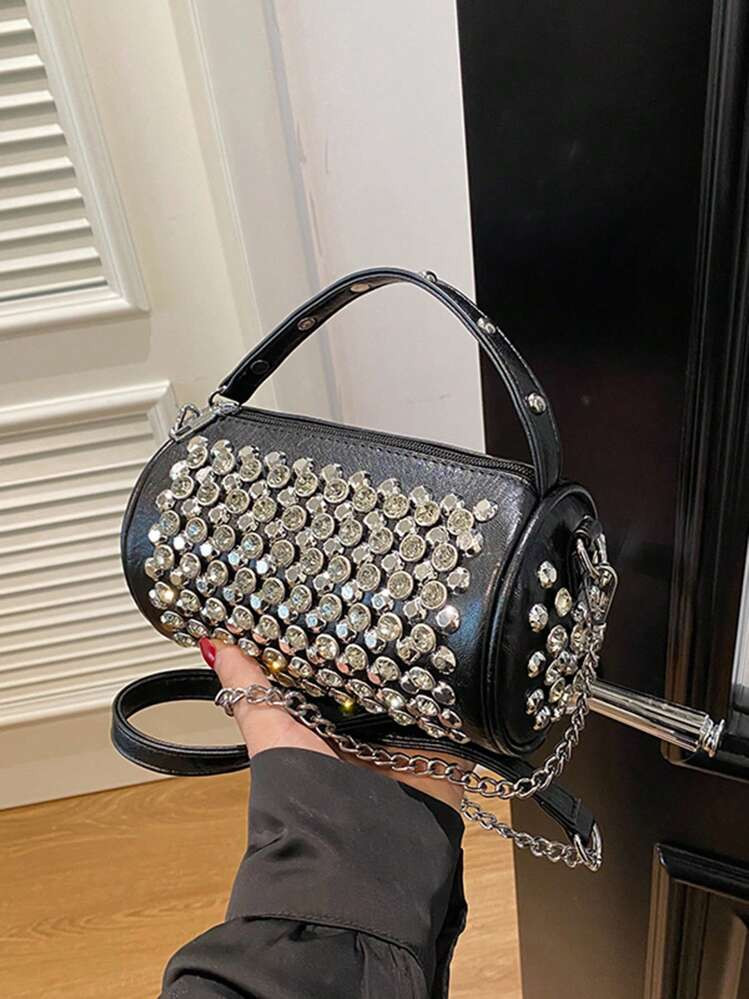Unique Studded Chain Cylinder Crossbody Bag, Fashionable Versatile Shoulder Handbag For Women | SHEIN