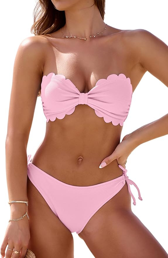 Rajputana Womens Wavy Edge Bandeau Bikini Strapless Tie Back Side String Bathing Suits Two Piece ... | Amazon (US)