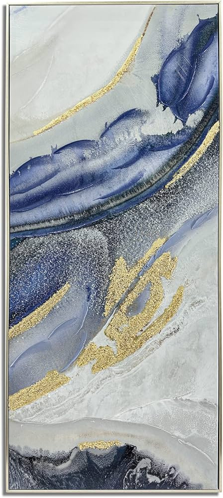 33 ART STUDIO - 24x55 Framed Blue Modern Painting, Hand Painted With Gold Foil And Beads - For Li... | Amazon (US)