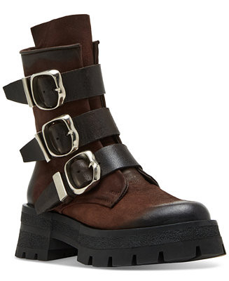 Steve Madden Women's Roland Buckled Moto Platform Lug-Sole Combat Boots - Macy's | Macy's