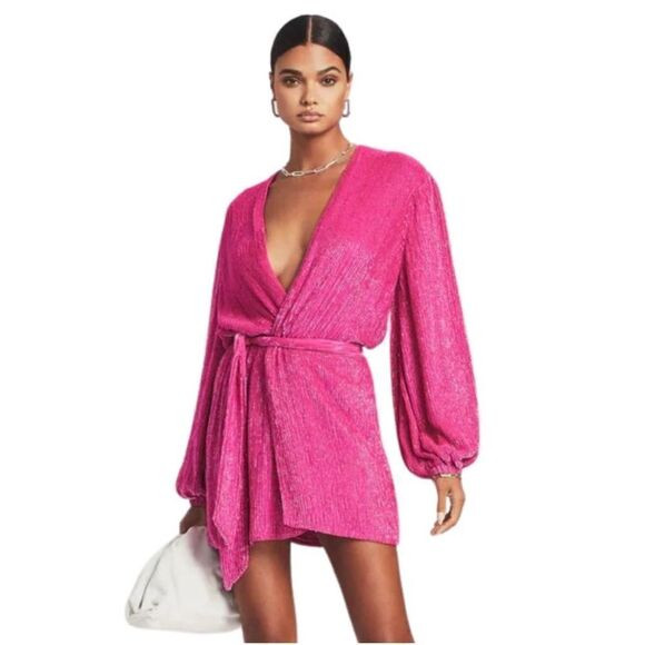 NWT Retrofete Sequins Beaded Gabrielle Robe Wrap Dress in Hot Pink Size M | Poshmark