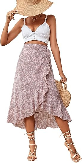 LYANER Women's Boho Floral Print Wrap Front Self Tie Knot Ruffle Hem Split Midi Skirt | Amazon (US)