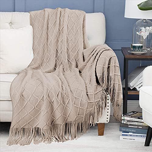 Khaki Knit Throw Blanket for Couch Bed Soft Textured Woven Blanket 50" x 60" Sofa Throw Blanket L... | Amazon (US)