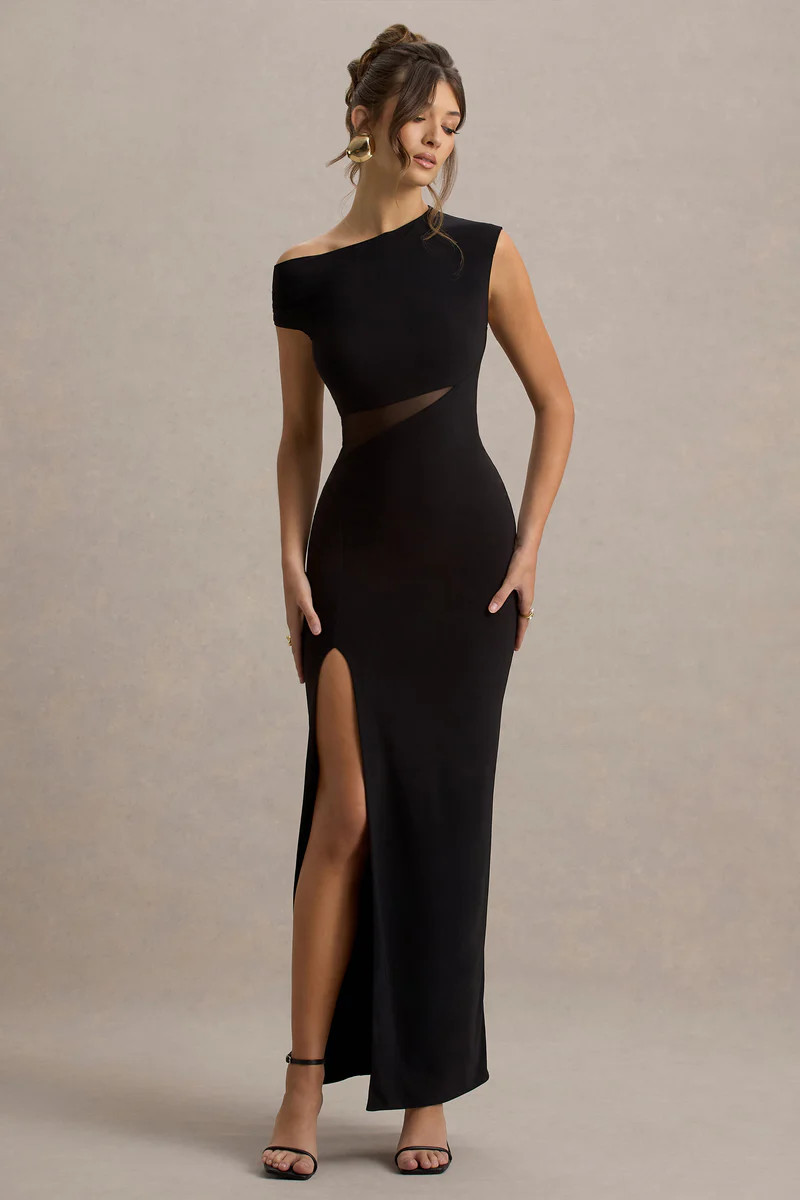 Emily | Black Asymmetric Split Maxi Dress With Mesh Detailing | Club L London