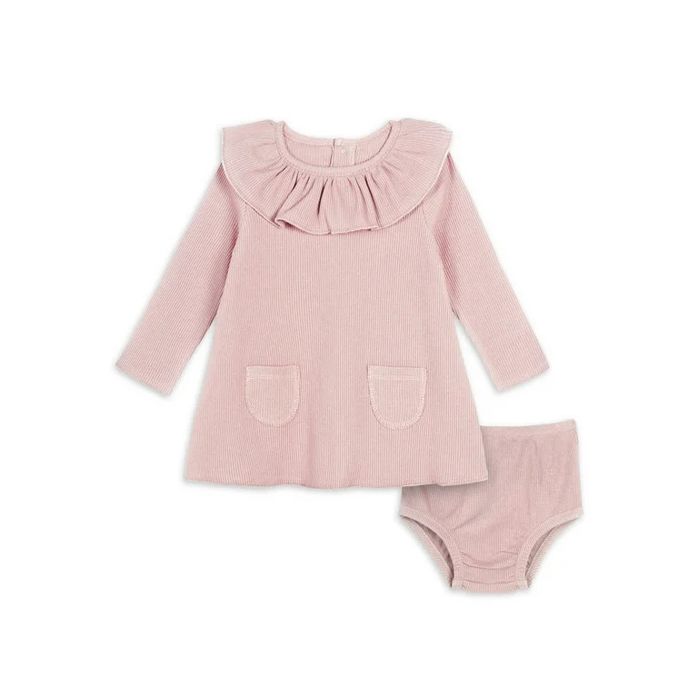 Modern Moments by Gerber Baby Girl Ribbed Long Sleeve Dress & Diaper Cover Outfit Set, 2 Piece, S... | Walmart (US)