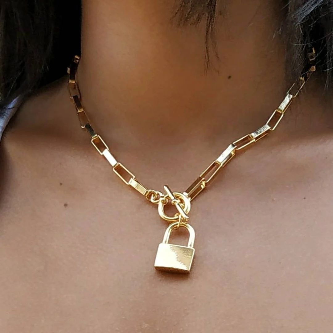 Gold Lock Necklace Chunky Lock Necklace - Etsy | Etsy (US)