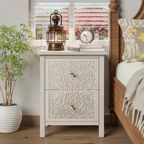 Levera Farmhouse Fully-Assembled 2-Drawer Nightstand, Distressed White-Washed End Table | Wayfair North America
