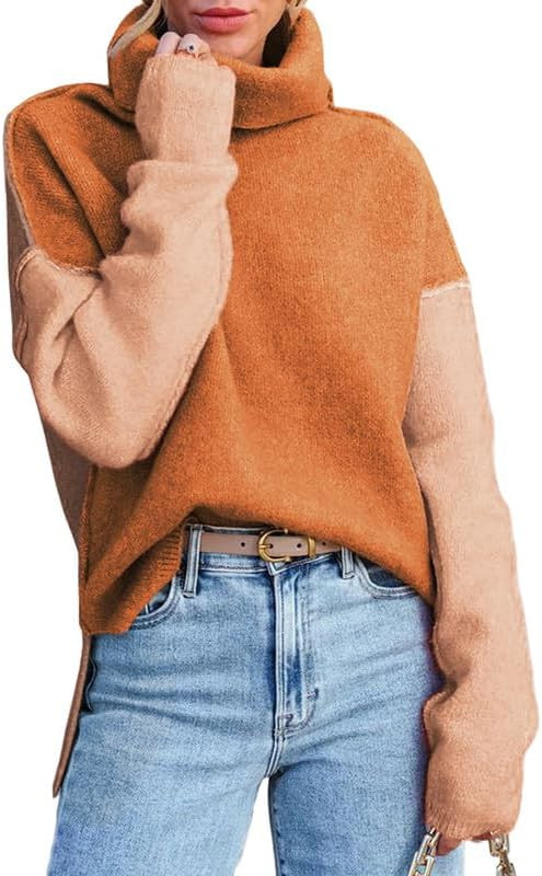 Dokotoo Womens Turtleneck Sweaters Casual Long Sleeve Color Block Side Slit Pullover Knit Jumper ... | Amazon (US)