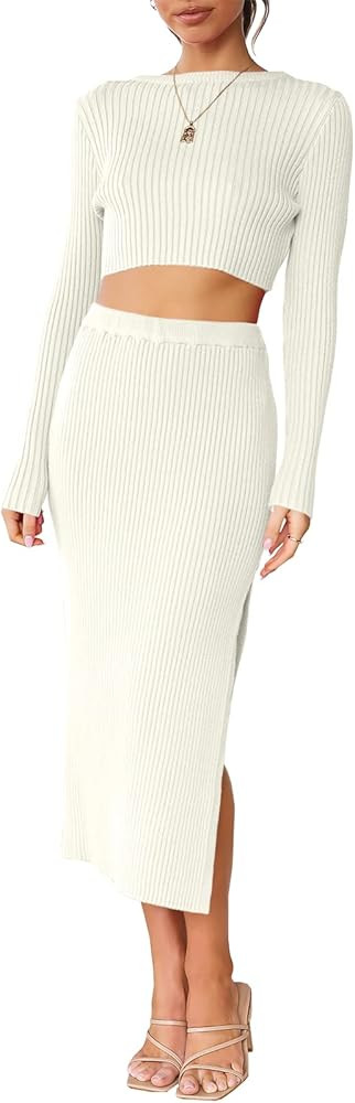 ANRABESS Women's 2 Piece Outfits Dress Fall Long Sleeve Casual Crop Sweater Top & Ribbed Knit Midi B | Amazon (US)