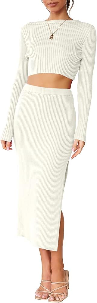 ANRABESS Women's 2 Piece Outfits Dress Fall Long Sleeve Casual Crop Sweater Top & Ribbed Knit Midi B | Amazon (US)