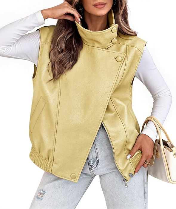 Tankaneo Womens Oversized Faux Leather Vest Stand Collar Sleeveless Jacket | Amazon (US)