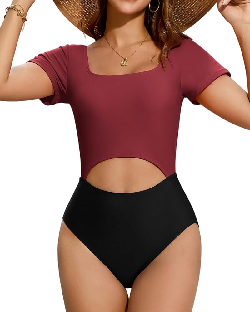 Cromi Women One Piece Swimsuits Solid Color Bathing Suit Square Neck Short Sleeve Swimwear | Amazon (US)