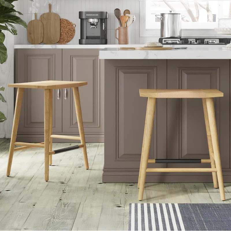 AllForWood Thor Wicker Counter Height Wooden Counter Stool with Hand-Knitted Rope, K/D, Backless ... | Wayfair North America