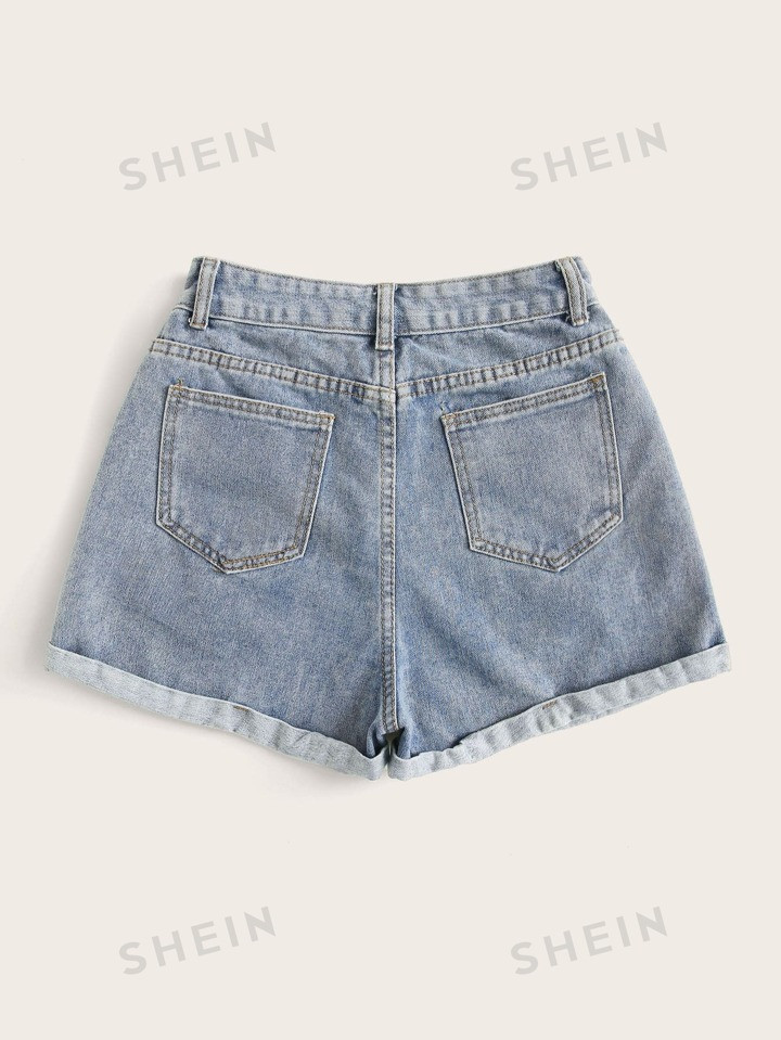 SHEIN EZwear Rolled High-Rise Denim Shorts | SHEIN