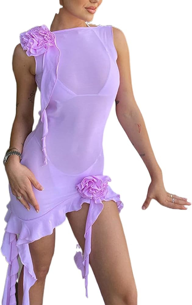 KMBANGI Women Sexy Ruffles Tube Dress Bodycon Floral Tassels Frill Mesh Long Dress Split Ruched S... | Amazon (US)