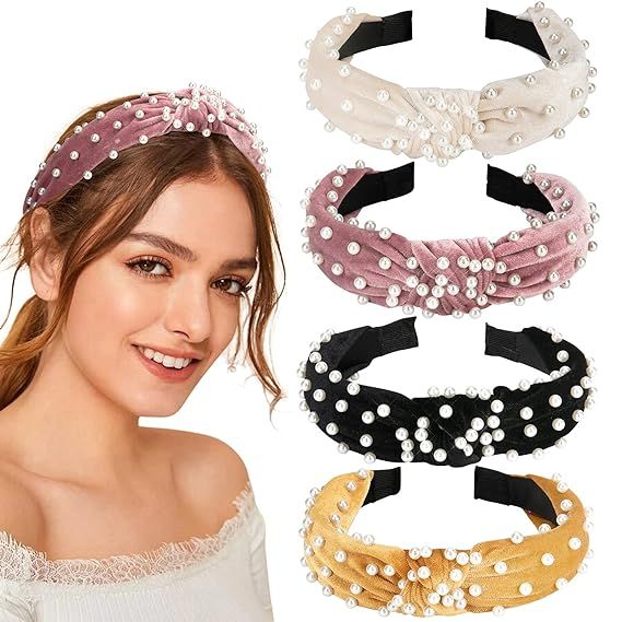 Allucho 4 Pack Velvet Wide Headbands Knot Turban Hairband Vintage Head wrap with Faux Pearl Elast... | Amazon (US)