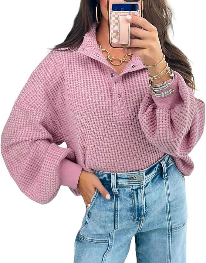 WHO IN SHOP Oversized Sweatshirt for Women Waffle Knit Lantern Sleeve Tops Snap Button Collared B... | Amazon (US)