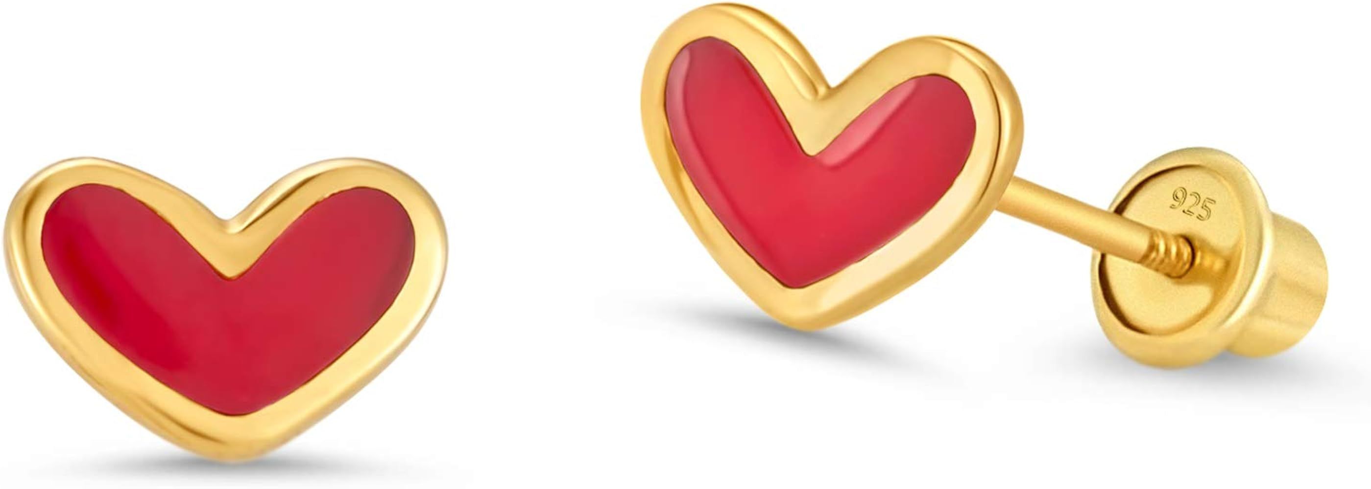 14k Gold Plated Enamel Red Heart Baby Girls Screwback Earrings with Sterling Silver Post | Amazon (US)