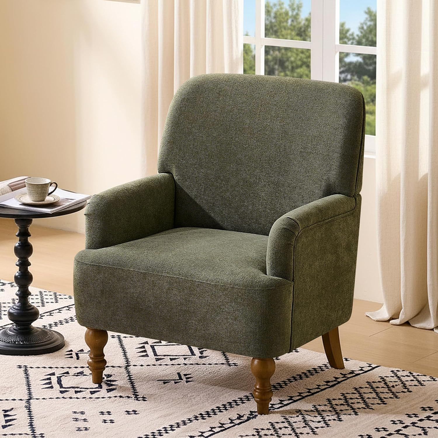 Modern Wingback Accent Chair, Upholstered Fabric Living Room Armchair with Wood Legs, Single Sofa Lounge Chair for Bedroom, Office & Reading Room (1, Green) | Amazon (US)