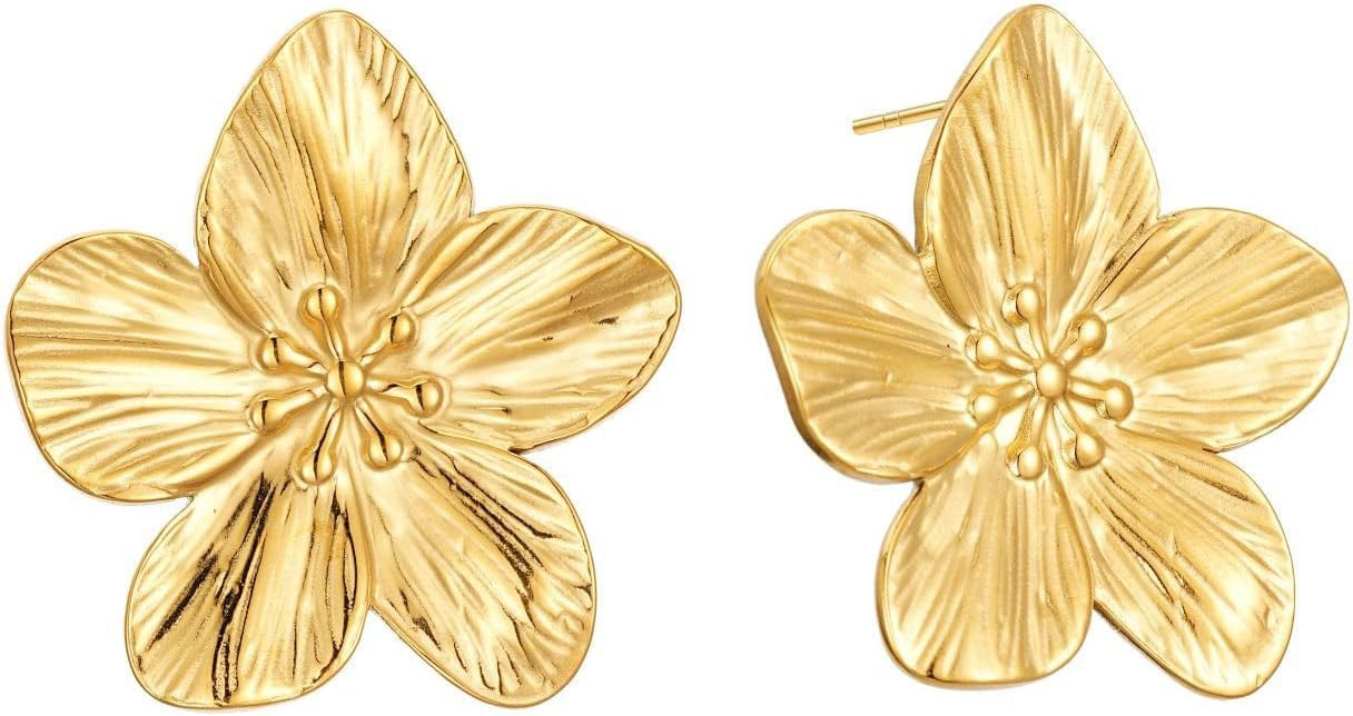 14K Gold Plated Gold Flower Stud Earrings for Women, Stainless Steel Large Big Statement Earring ... | Amazon (US)