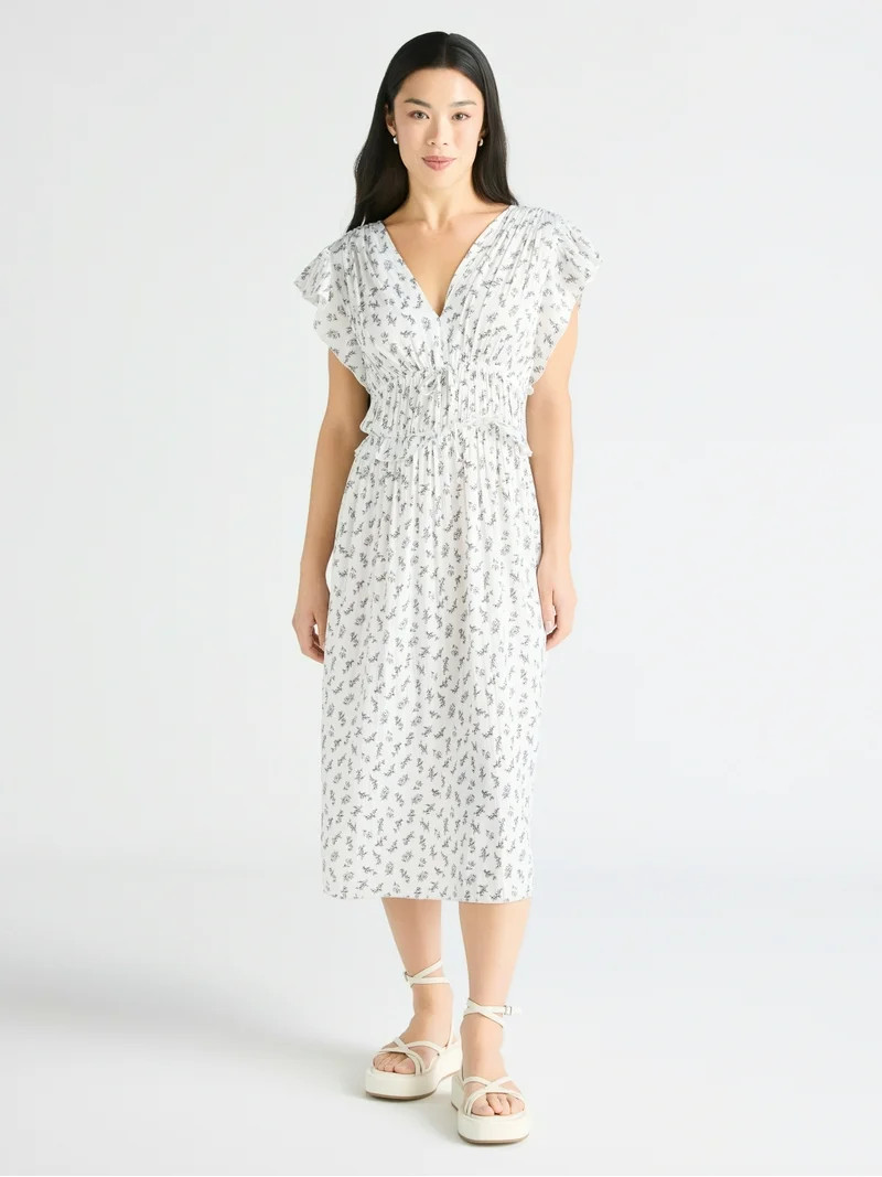 Scoop Women’s Crinkle Satin Midi Dress with Flutter Sleeves, Sizes XS-XXL | Walmart (US)