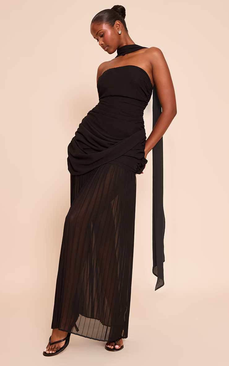 Black Chiffon Scarf Bandeau Ruched Maxi Dress | Dresses | PrettyLittleThing US