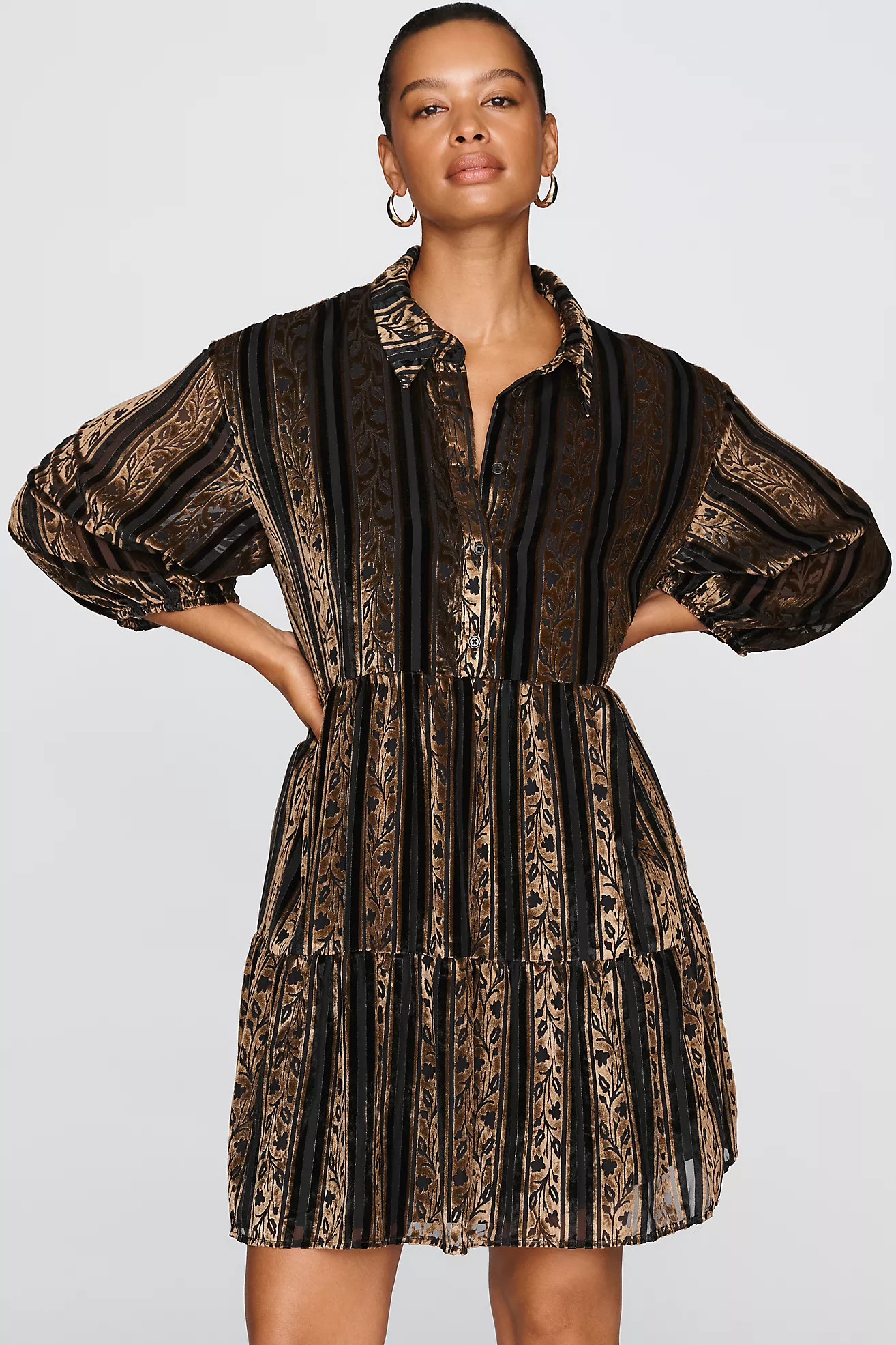 Maeve Bettina Velvet Tiered Mini Shirtdress | Anthropologie (US)