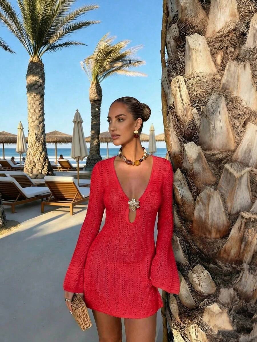 FOR BEAUTY New Women's Summer Casual Vacation Style Metal Flower Decor Flared Sleeve Cover-Up Dre... | SHEIN