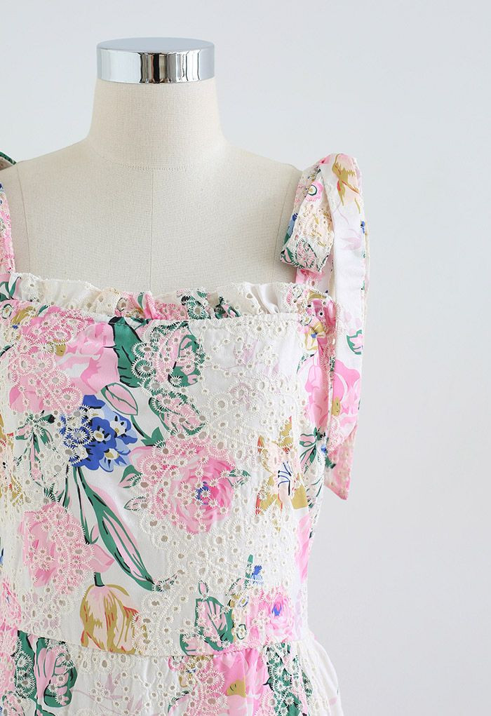 Pink Floral Embroidered Eyelet Tie-Strap Maxi Dress | Chicwish