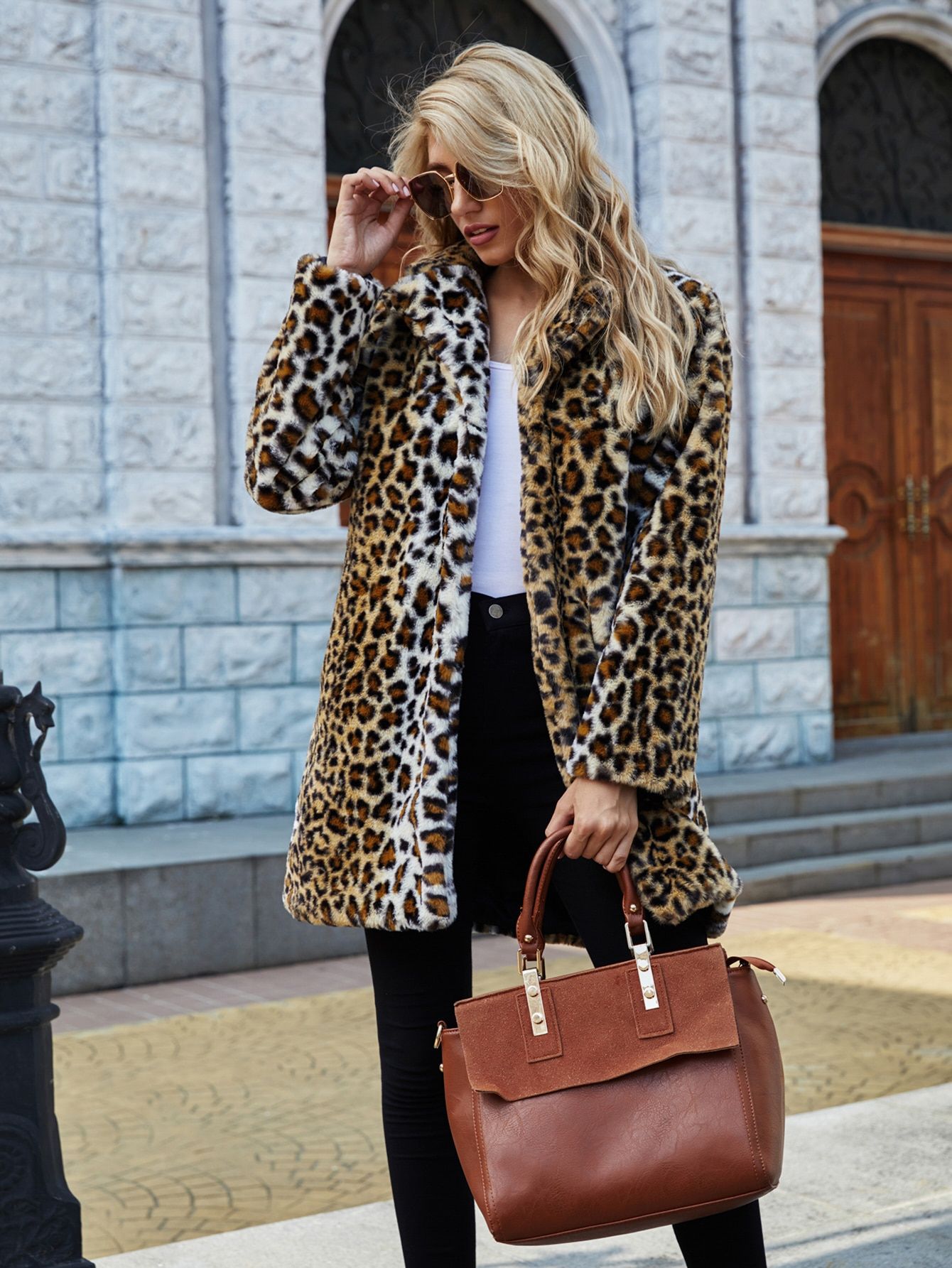 Leopard Open Front Faux Fur Coat | SHEIN